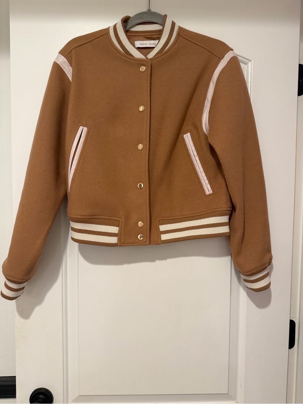 bishop + young Camel Varsity Jacket with Cream Trim